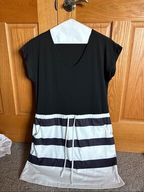 Black V-Neck Dress with White and Black Striped Skirt